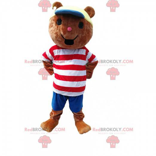 Little bear mascot with a white and red striped t-shirt -