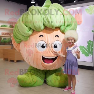 Peach Cabbage mascot costume character dressed with a Mom Jeans and Hair clips