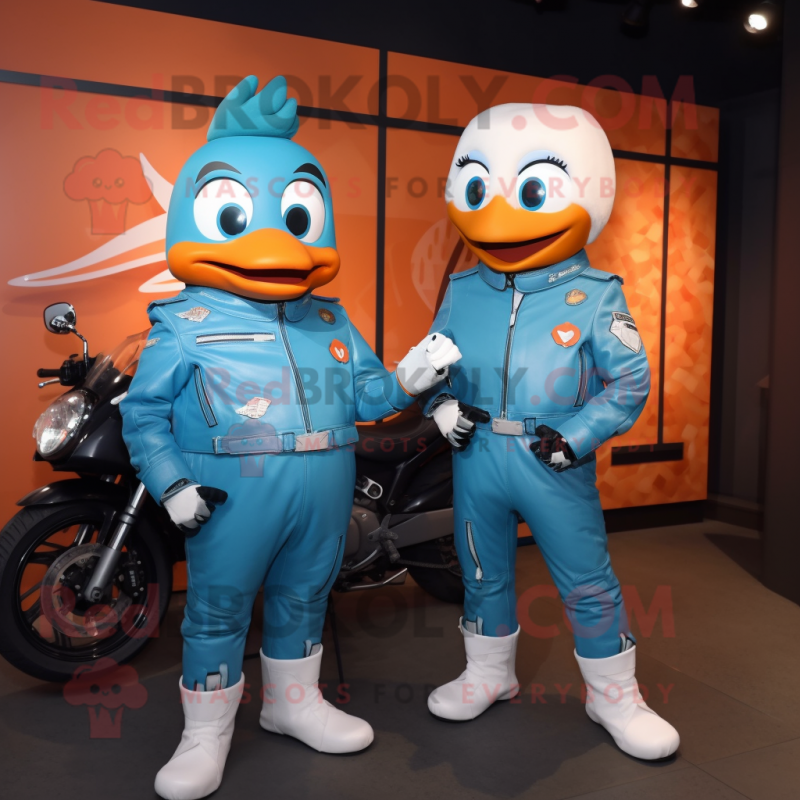 Cyan Butter Chicken mascot costume character dressed with a Moto Jacket and Ties Cyan Butter Chicken mascot costume character dressed with a Moto Jacket and Ties