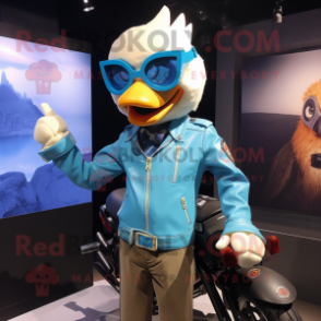 Cyan Butter Chicken mascot costume character dressed with a Moto Jacket and Ties