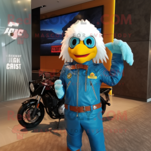 Cyan Butter Chicken mascot costume character dressed with a Moto Jacket and Ties