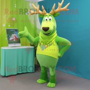 Lime Green Elk mascot costume character dressed with a Flare Jeans and Shawls