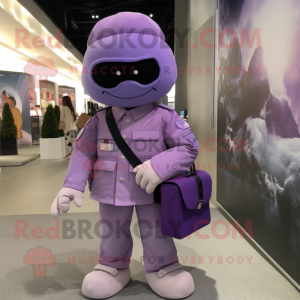 Lavender Army Soldier mascot costume character dressed with a Moto Jacket and Tote bags