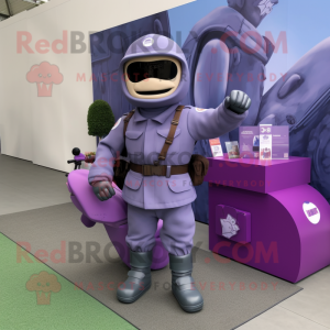 Lavender Army Soldier mascot costume character dressed with a Moto Jacket and Tote bags