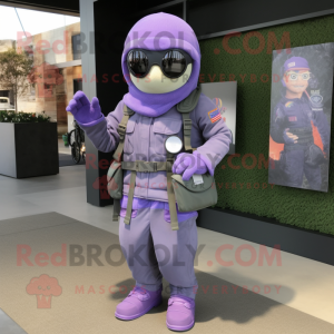 Lavender Army Soldier mascot costume character dressed with a Moto Jacket and Tote bags