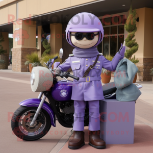 Lavender Army Soldier mascot costume character dressed with a Moto Jacket and Tote bags