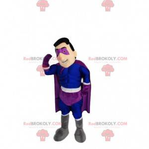 Mascotte de super-héros en bleu et violet. Costume de