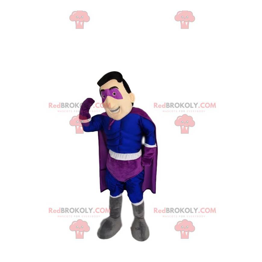 Mascote do super-herói em azul e roxo. Fantasia de super-herói
