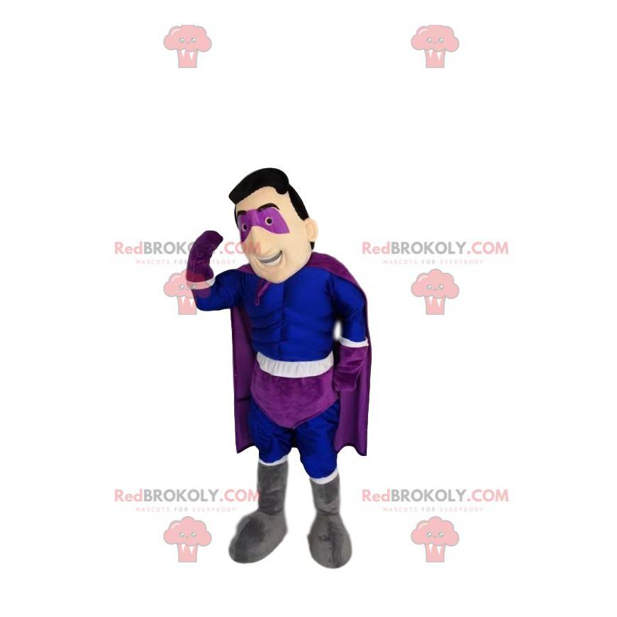 Superheld mascotte in blauw en paars. Superheld kostuum -