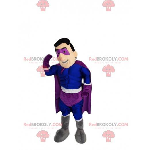 Mascote do super-herói em azul e roxo. Fantasia de super-herói