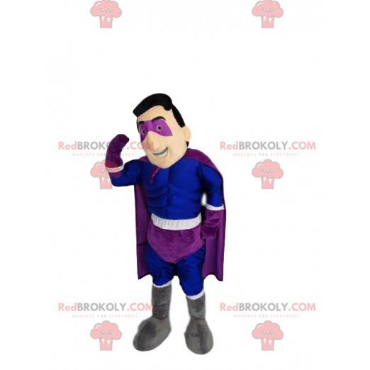 Mascotte del supereroe in blu e viola. Costume da supereroe -