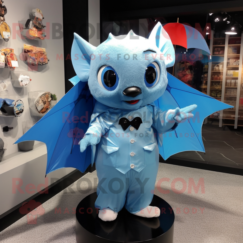 Sky Blue Bat mascot costume character dressed with a Raincoat and Bow ties Sky Blue Bat mascot costume character dressed with a Raincoat and Bow ties