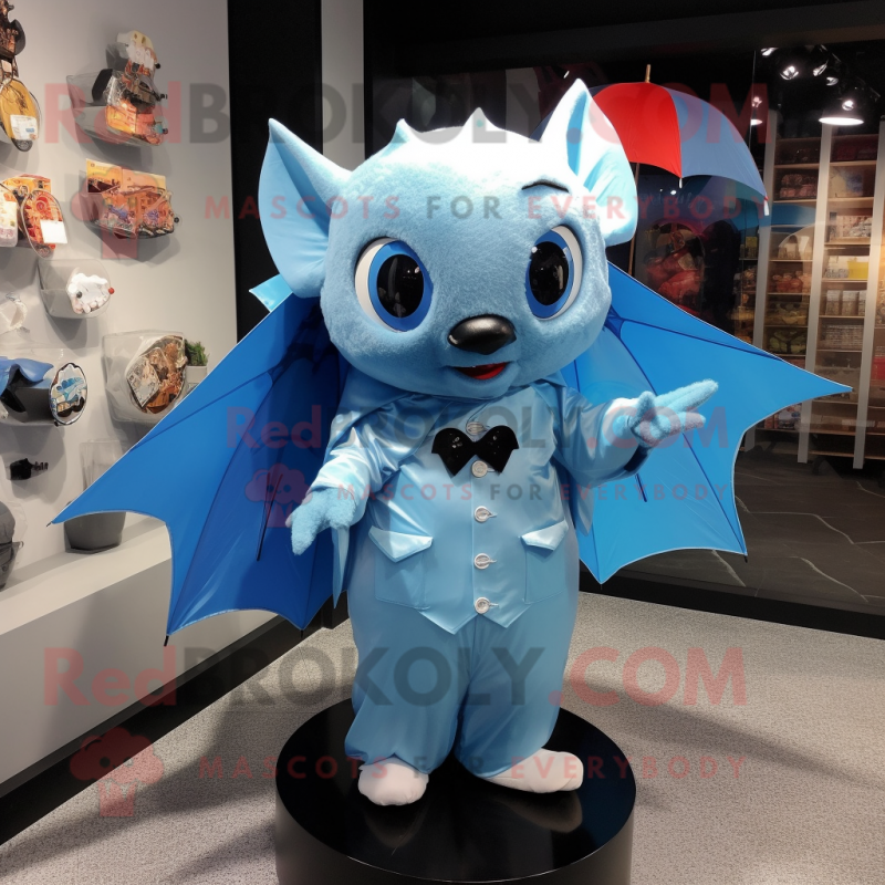 Sky Blue Bat mascot costume character dressed with a Raincoat and Bow ties