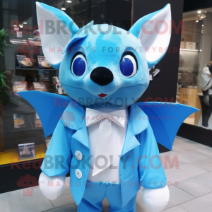 Sky Blue Bat mascot costume character dressed with a Raincoat and Bow ties