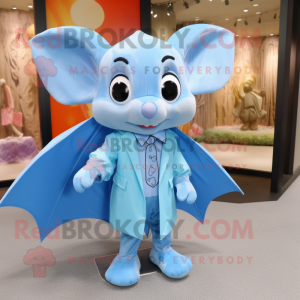 Sky Blue Bat mascot costume character dressed with a Raincoat and Bow ties