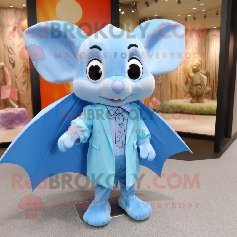 Sky Blue Bat mascot costume character dressed with a Raincoat and Bow ties