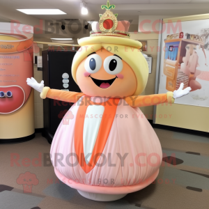 Peach Queen mascot costume character dressed with a Circle Skirt and Scarf clips