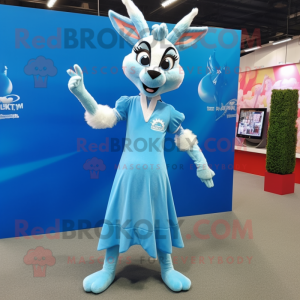 Sky Blue Gazelle mascot costume character dressed with a Midi Dress and Hair clips