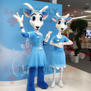 Sky Blue Gazelle mascot costume character dressed with a Midi Dress and Hair clips