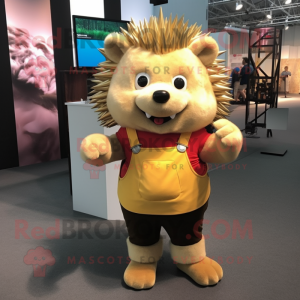 Gold Hedgehog mascot costume character dressed with a Tank Top and Suspenders