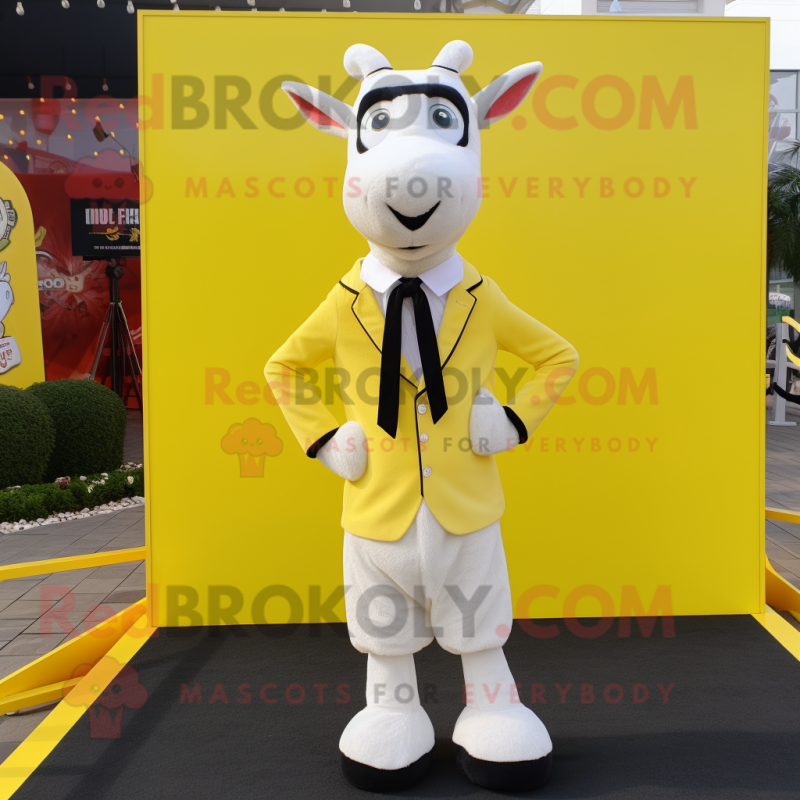 Lemon Yellow Goat mascot costume character dressed with a Tuxedo and Shoe laces Lemon Yellow Goat mascot costume character dressed with a Tuxedo and Shoe laces
