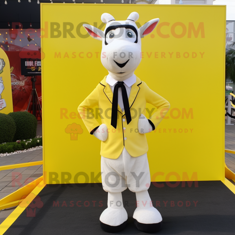 Lemon Yellow Goat mascot costume character dressed with a Tuxedo and Shoe laces