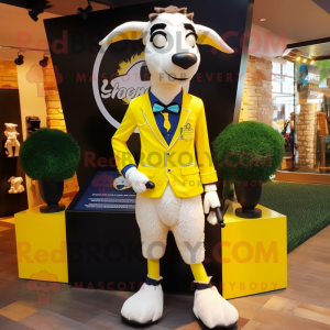 Lemon Yellow Goat mascot costume character dressed with a Tuxedo and Shoe laces