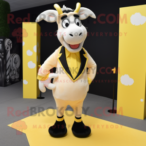 Lemon Yellow Goat mascot costume character dressed with a Tuxedo and Shoe laces