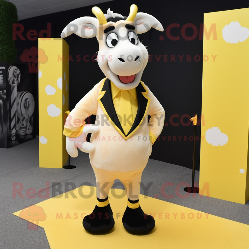 Lemon Yellow Goat mascot costume character dressed with a Tuxedo and Shoe laces Lemon Yellow Goat mascot costume character dressed with a Tuxedo and Shoe laces