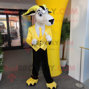 Lemon Yellow Goat mascot costume character dressed with a Tuxedo and Shoe laces