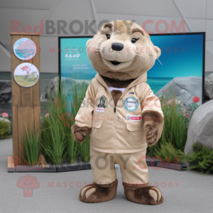 Beige Otter mascot costume character dressed with a Windbreaker and Hair clips