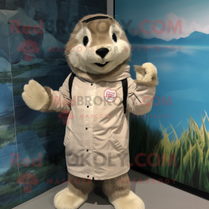 Beige Otter mascot costume character dressed with a Windbreaker and Hair clips