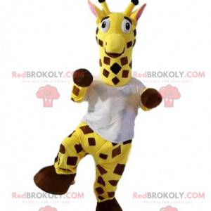 Mascote girafa com uma camiseta branca. Fantasia de girafa -