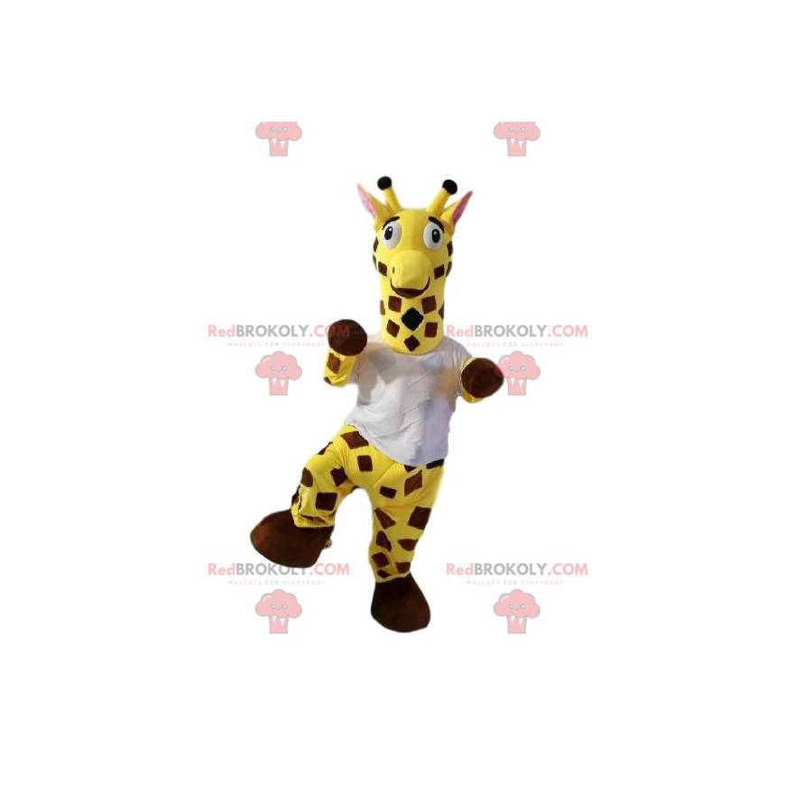 Mascotte de girafe avec un t-shirt blanc. Costume de girafe -