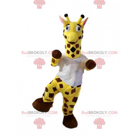 Mascote girafa com uma camiseta branca. Fantasia de girafa -