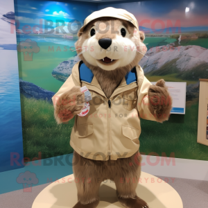 Beige Otter mascot costume character dressed with a Windbreaker and Hair clips