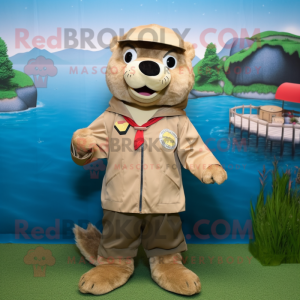 Beige Otter mascot costume character dressed with a Windbreaker and Hair clips