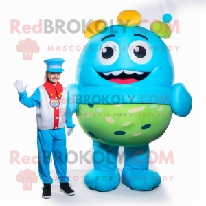 Cyan Hamburger mascot costume character dressed with a Jumpsuit and Watches