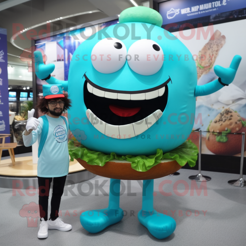 Cyan Hamburger mascot costume character dressed with a Jumpsuit and Watches Cyan Hamburger mascot costume character dressed with a Jumpsuit and Watches