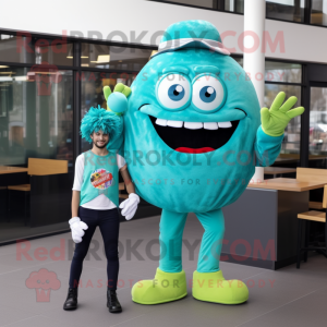 Cyan Hamburger mascot costume character dressed with a Jumpsuit and Watches