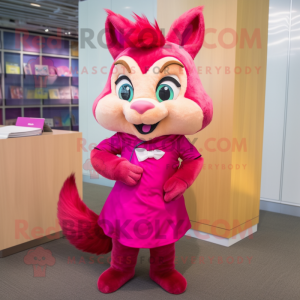 Magenta Chipmunk mascot costume character dressed with a Pencil Skirt and Hair clips