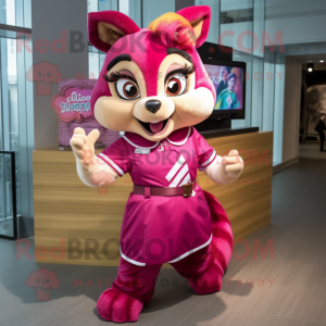 Magenta Chipmunk mascot costume character dressed with a Pencil Skirt and Hair clips