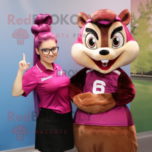 Magenta Chipmunk mascot costume character dressed with a Pencil Skirt and Hair clips