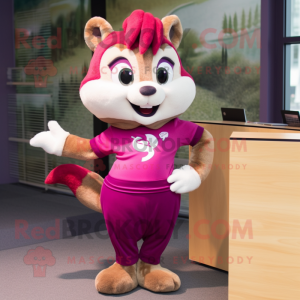 Magenta Chipmunk mascot costume character dressed with a Pencil Skirt and Hair clips