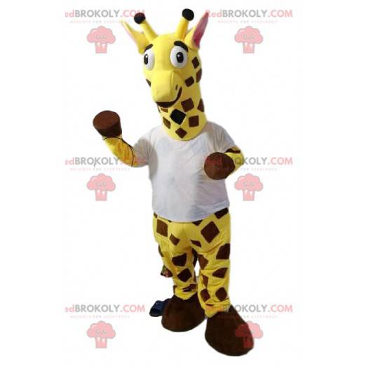 Mascotte giraffa con una maglietta bianca. Costume da giraffa -