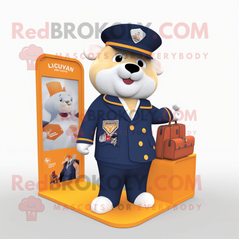 Navy Apricot mascot costume character dressed with a V-Neck Tee and Wallets Navy Apricot mascot costume character dressed with a V-Neck Tee and Wallets
