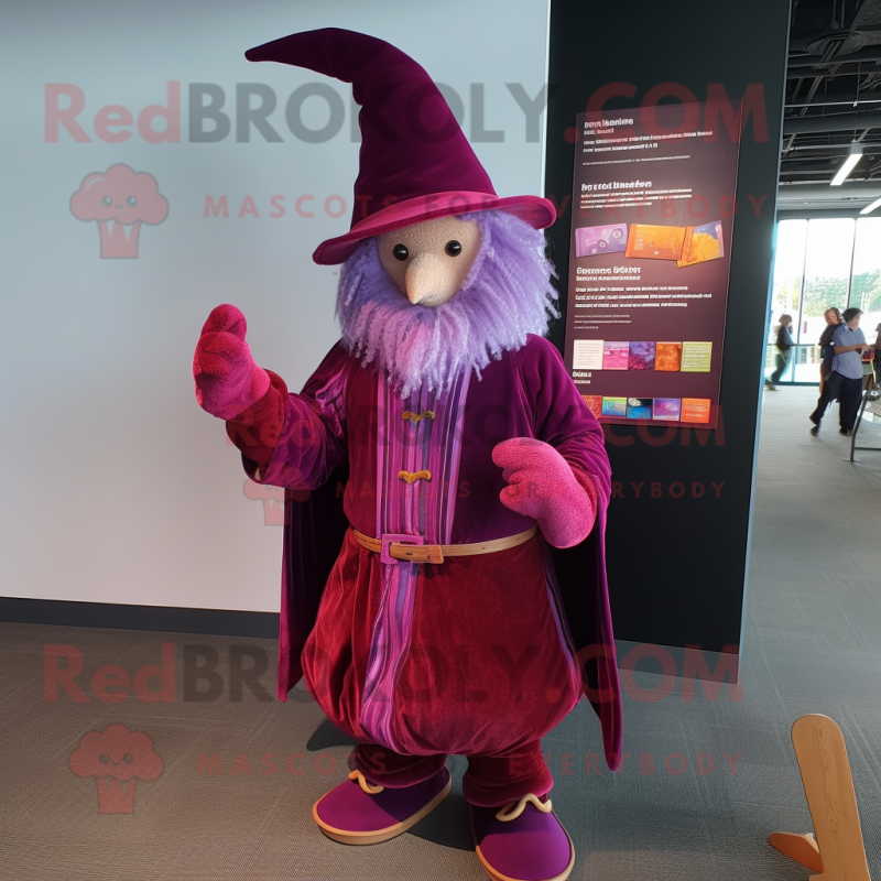 Magenta Wizard mascot costume character dressed with a Corduroy Pants and Coin purses