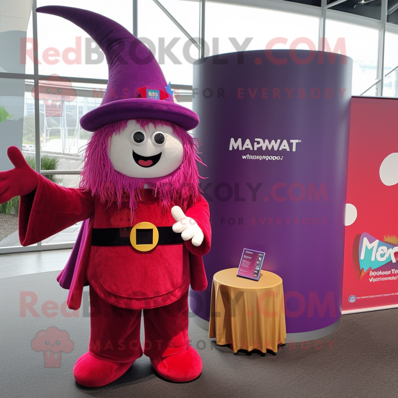 Magenta Wizard mascot costume character dressed with a Corduroy Pants and Coin purses