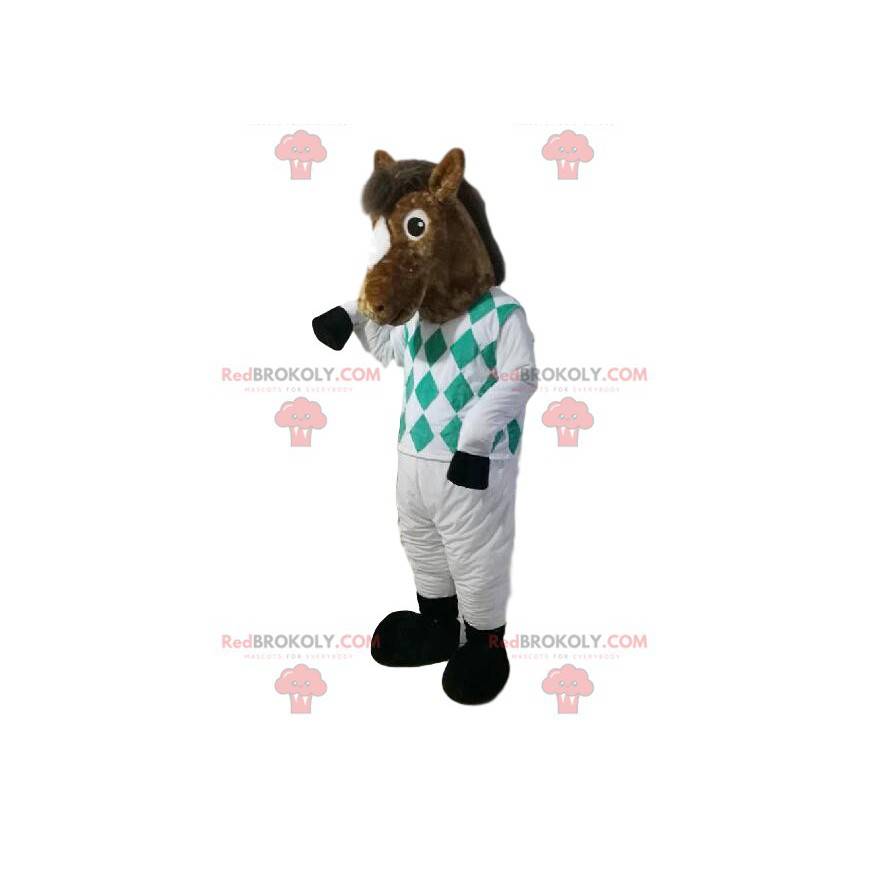 Mascota del caballo marrón en traje de jinete. Disfraz de