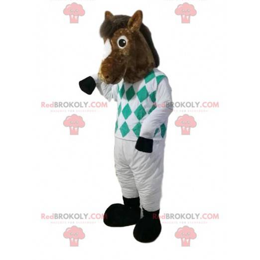 Mascotte de cheval marron en tenue de jockey. Costume de cheval